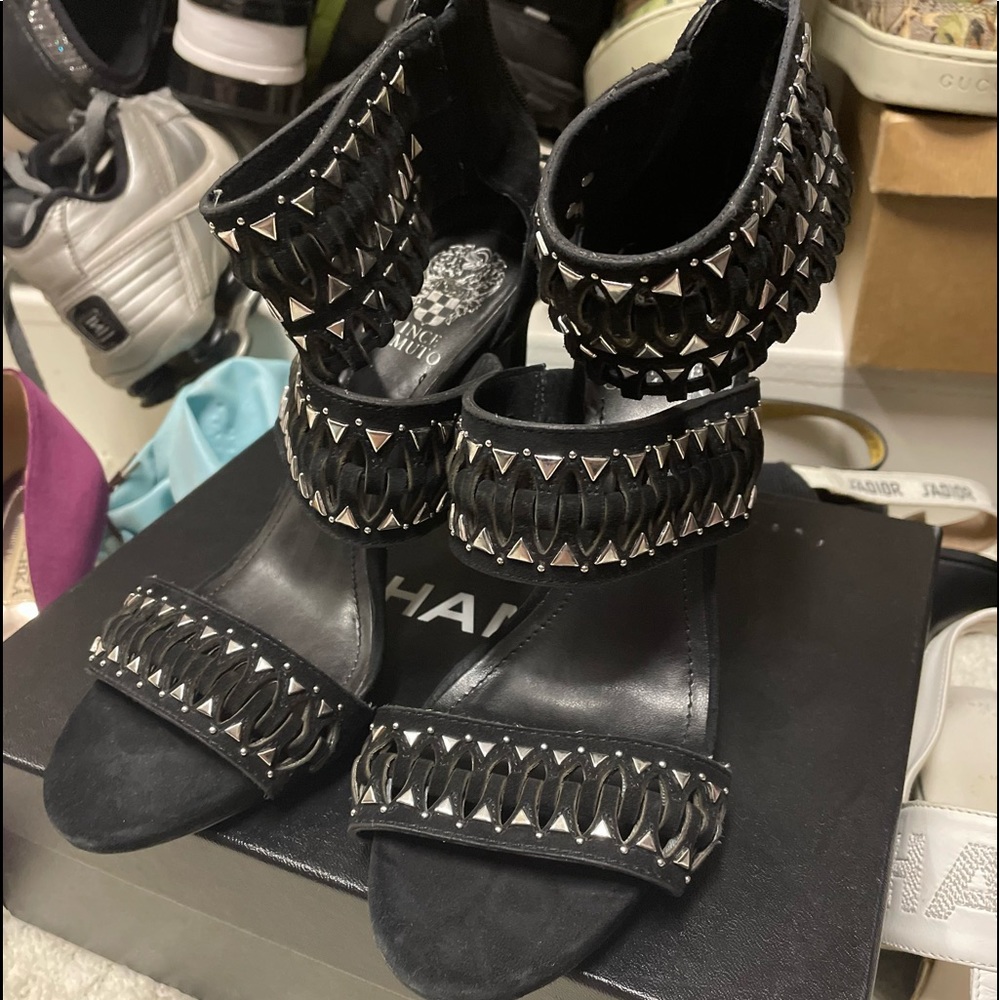 Vince suede strap heels silver hardware 7.5